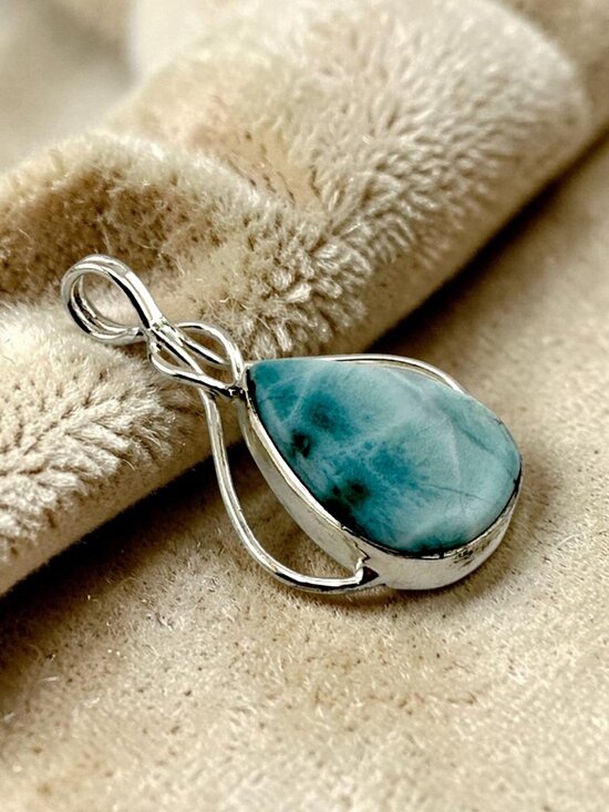 925 Sterling Silver Jewelry - Larimar Pendant 925 Sterling Silver Teardrop Ocean Blue Gemstone Openwork